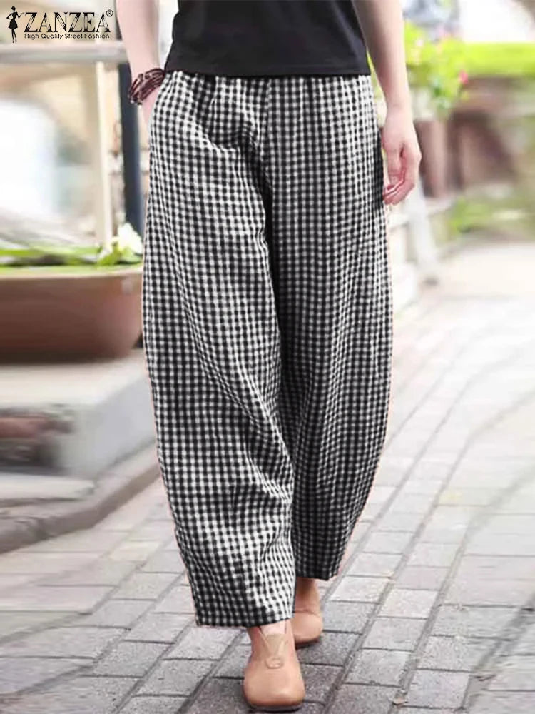 ZANZEA 2025 Plaid Pants Women Fashion Lantern Pants Casual Loose Long Trouser Summer Pockets Elastic Waist Bottoms Oversized