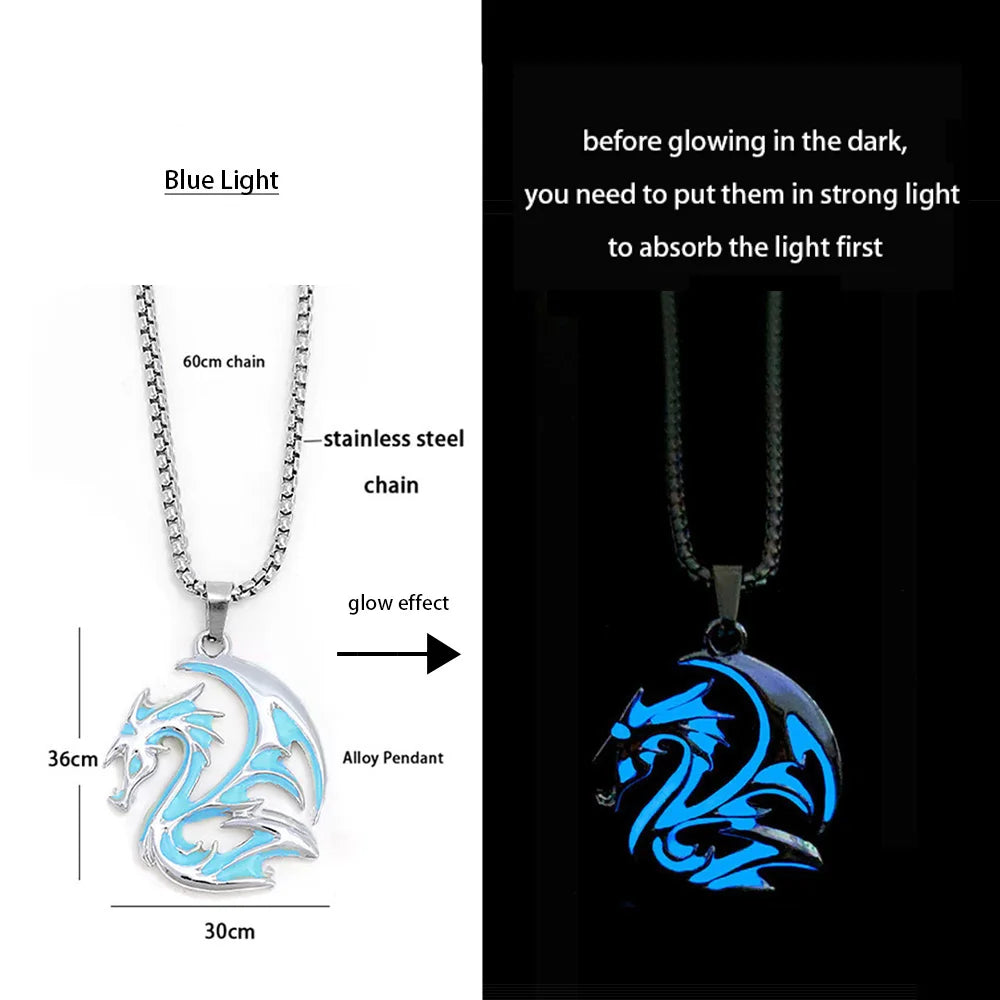 Hiphop Rock Stainless Steel Chain Luminous Alloy Dragon Pendant Glowing Necklace Night Dance Disc Glow In The Dark Necklace