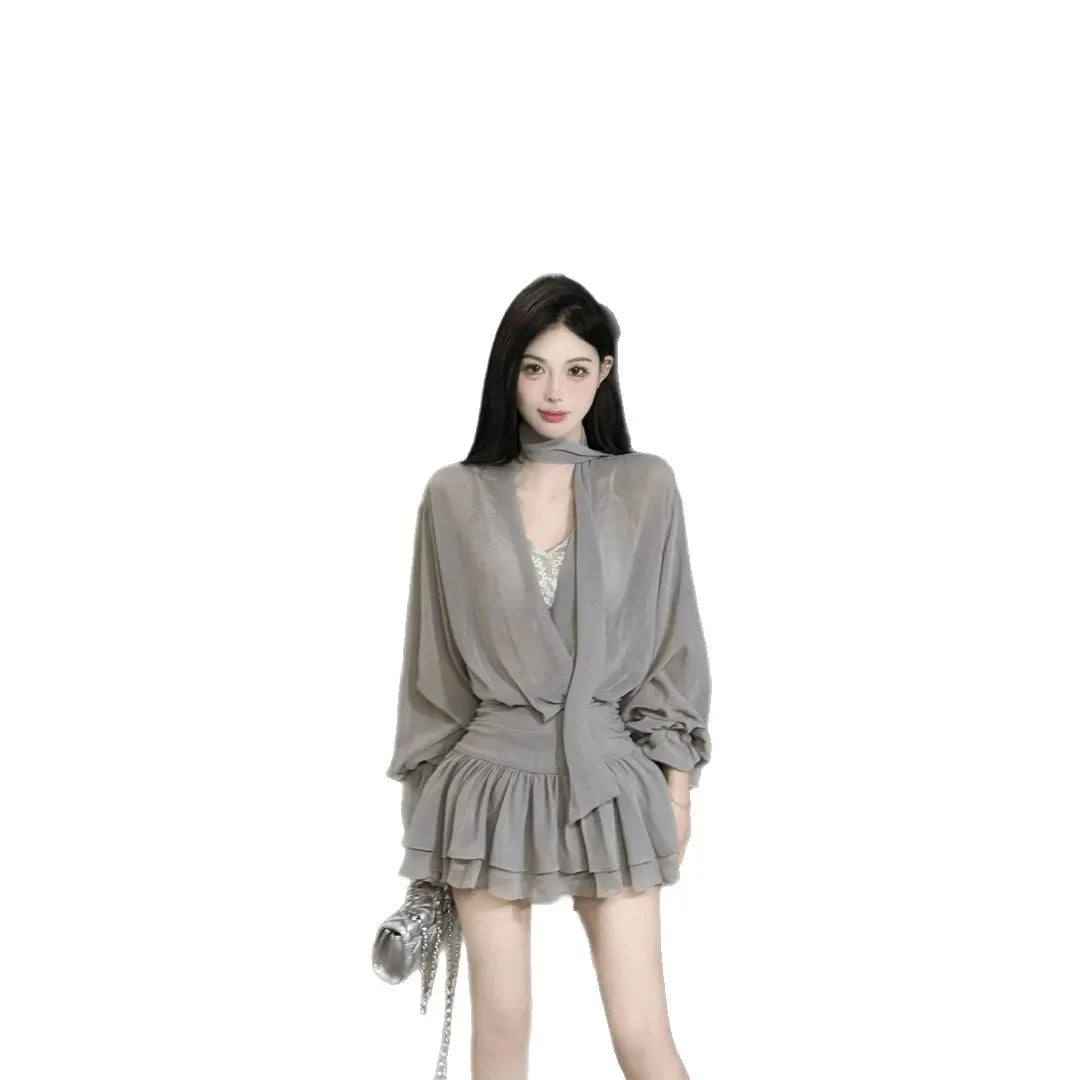 Gray Sash Cross V-Neck Long Sleeve Dress Women Early Autumn Elegance Chiffon Mini Skirt Ladylike Wind A- Line Skirt