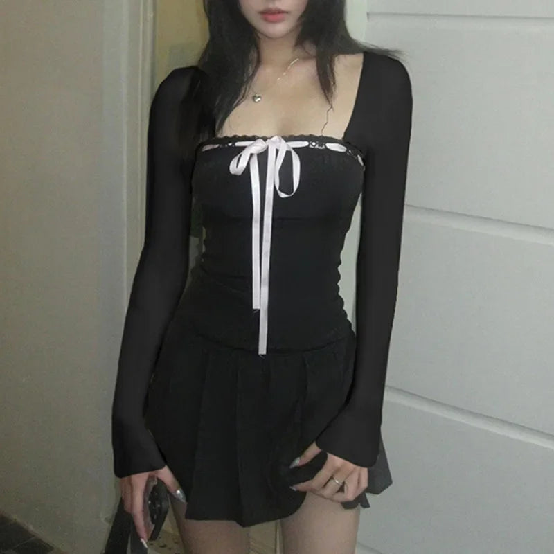 Y2K Black Square Collar Long Sleeve Dress Women Elegant Lace-up Bow A-line Mini Dress Korean Short Dresses Aesthetic Clothes 원피스