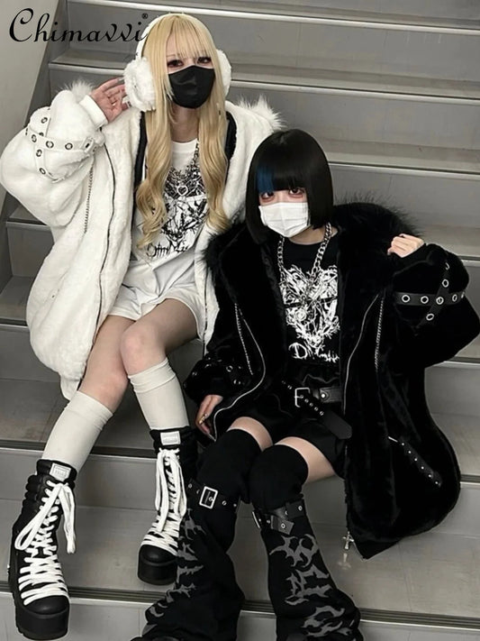 日本製マインシリーズ リベットクロス シープイヤー フード付きジャケット 冬物 新作 ゴスパンク ダークガールズ イミテーションファー プラッシュコート レディース