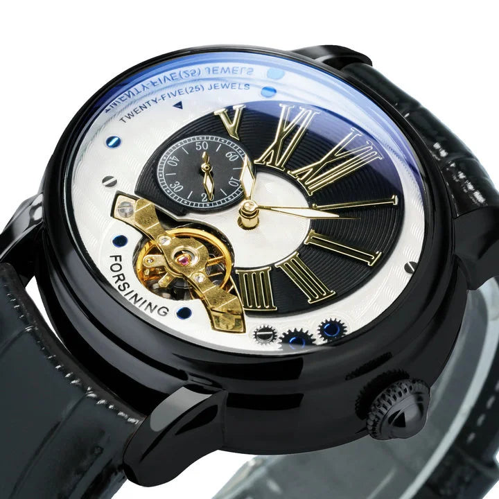 Forsining 367A Tourbillion Fashion Wave Black Golden Clock Roman Scale Mens Automatic Mechanical Watches Top Brand Luxury