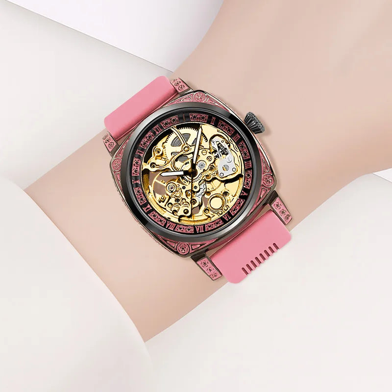 A women's pink tape fashionable Roman numeral tourbillon automatic mechanical watch