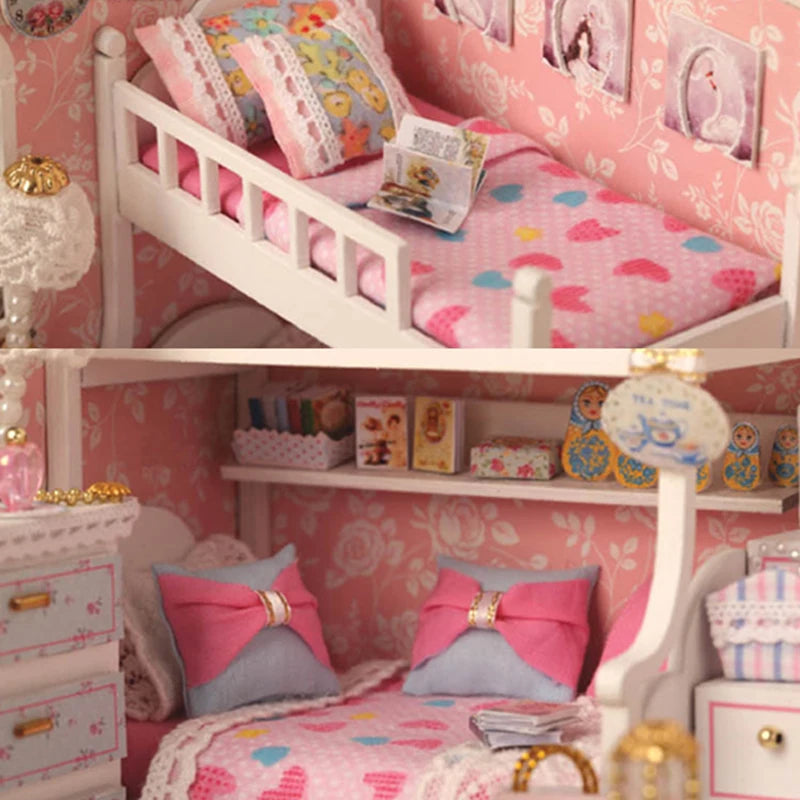 Kitten Mini Doll House Model Building Assembled House Home Kit Creative Room Bedroom Decoration with Furniture Birthday Gifts