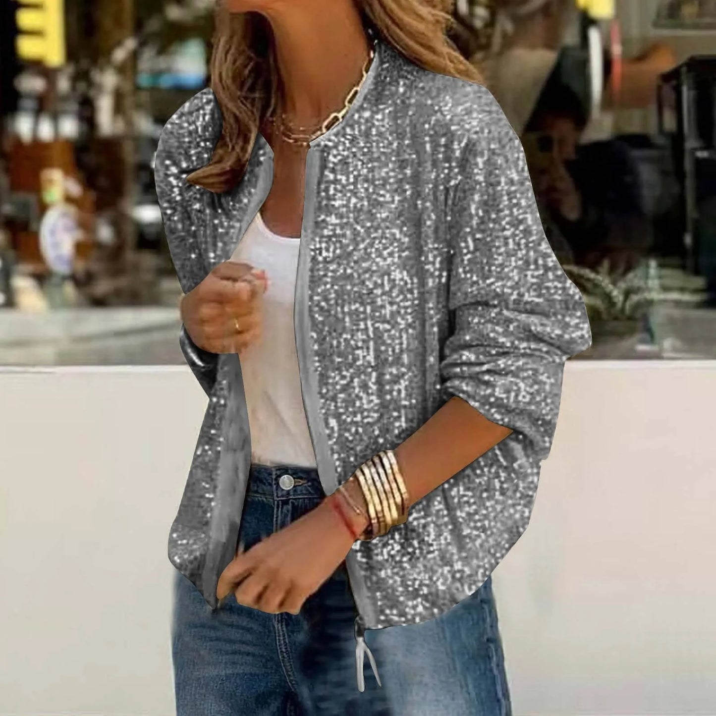 Women Elegant All Zipper Suit Jacket Coat Casual Autumn Spring Glitter Sequins Long Sleeve Stylish Commute Short Cardigan Jacket