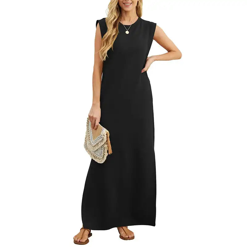 Women's Summer Casual Loose Sundress Long Dress Sleeveless Round Neck Split Tshirt Maxi Dresses Wrinkle-Free with Pocket