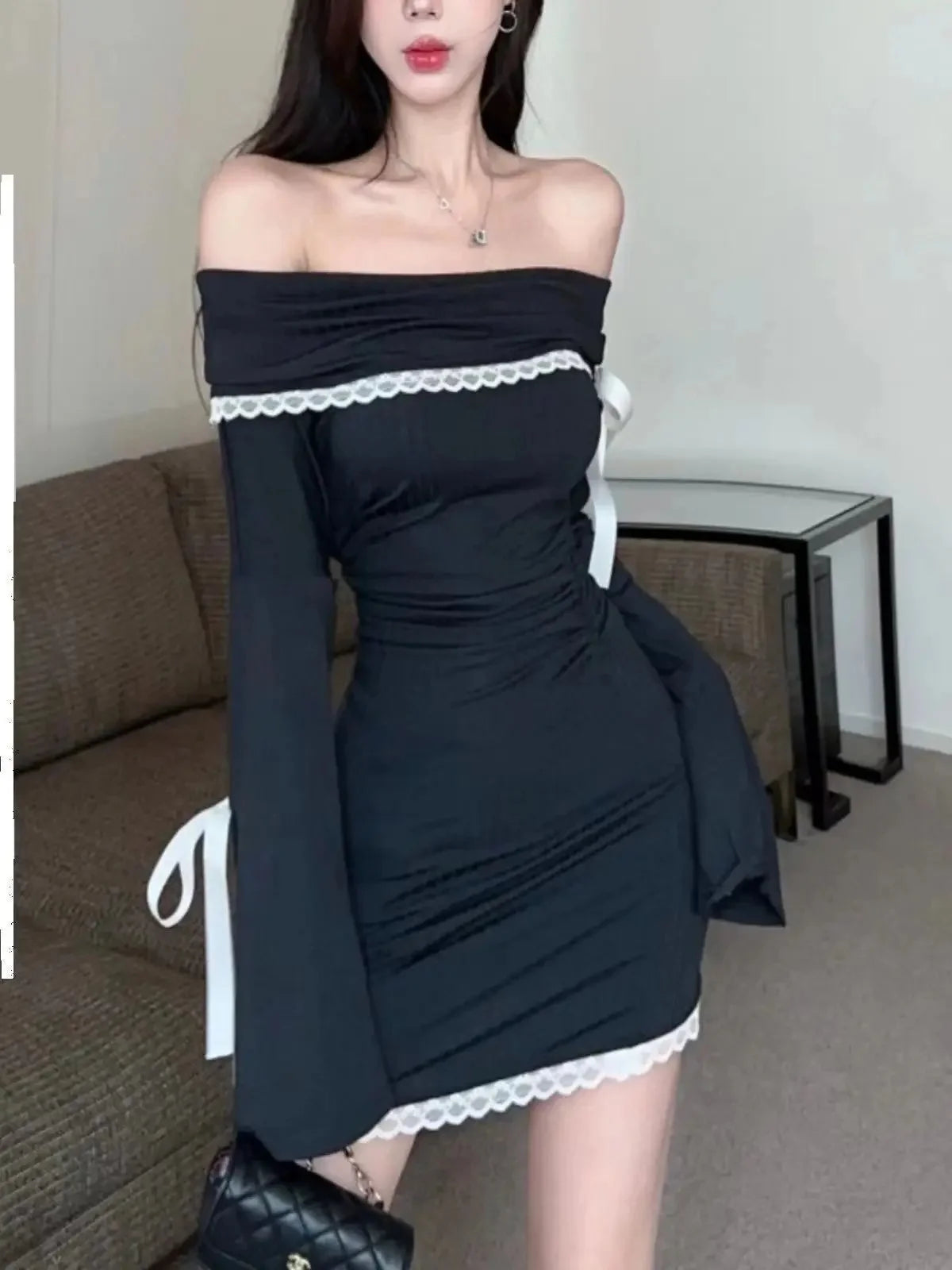 Elegant French Style Lace Splice One Shoulder Long Sleeve Black Dress Women's Sexy Flared Sleeve Mini Skirt Polyester Fiber