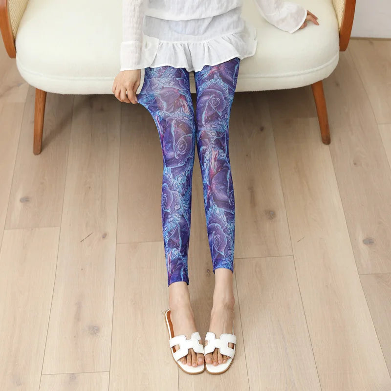 Women Trendy and Fashionable Printed Mesh Leggings, Ice Silk Flower Cartoon Shorts,Sexy Girl Fitness Elastic Pants