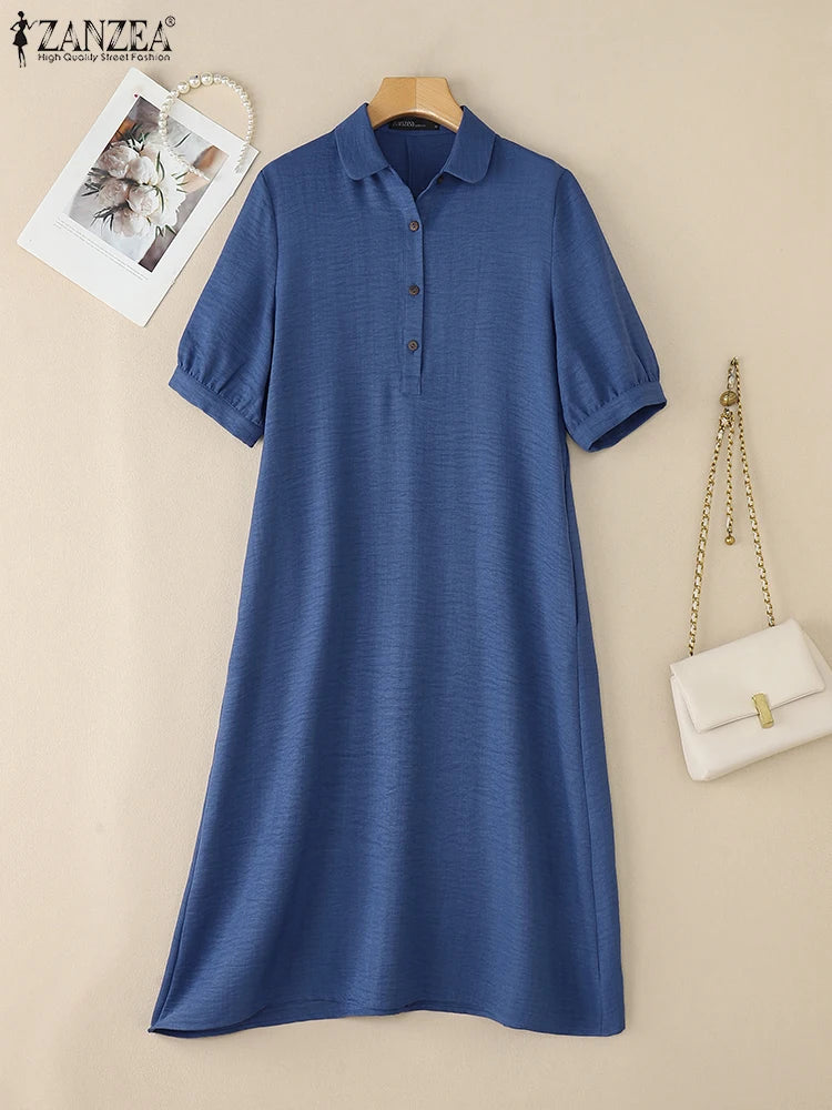 ZANZEA Women Fashion Shirt Dress 2025 Summer Sundress Lapel Neck Short Sleeve OL Work Dresses Casual Buttons Midi Vestidos Robe