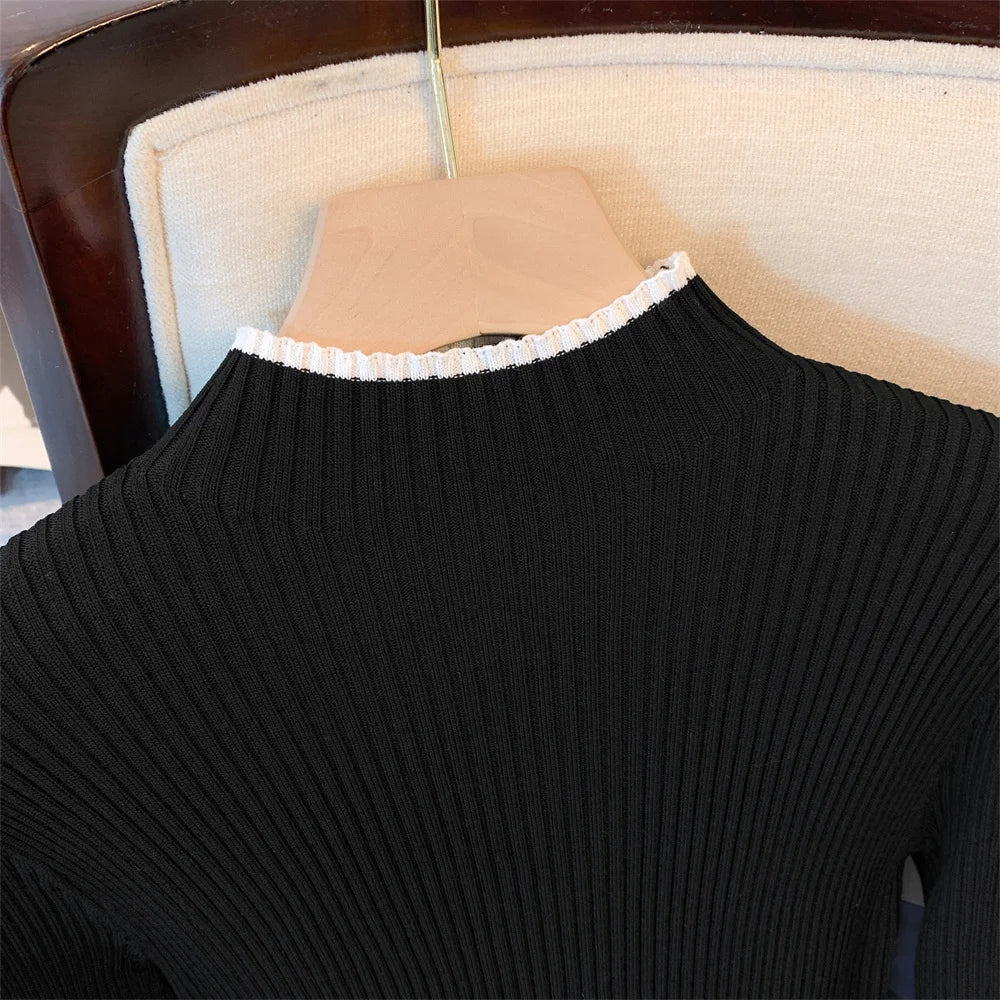 2026 New Autumn Winter Stand Collar Long Sleeve Knitted Dress Hit Color Striped Bandage Waist Bodycon Dress With Belt
