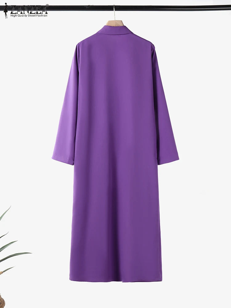 ZANZEA Office Casual Collared Shirtdress Women Autumn Fashion 3/4 Sleeve Button Up Midi Dresses Commuting Solid Color Robe Femme