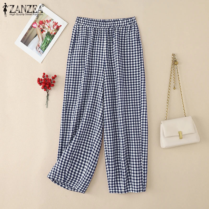 ZANZEA 2025 Plaid Pants Women Fashion Lantern Pants Casual Loose Long Trouser Summer Pockets Elastic Waist Bottoms Oversized