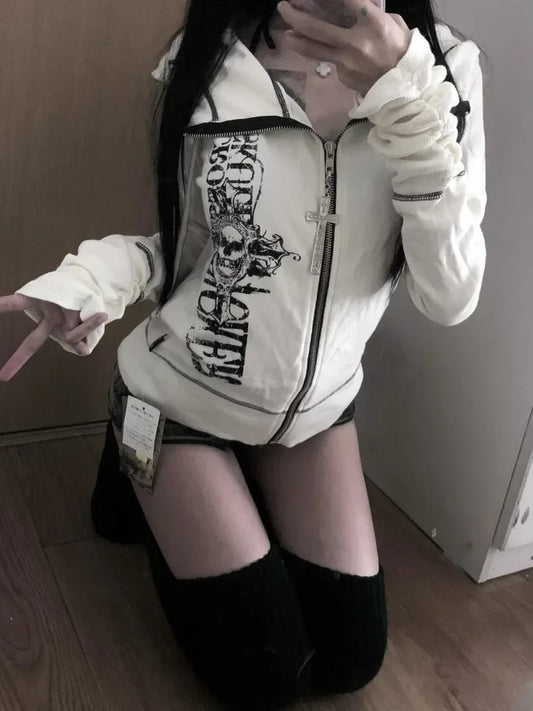 秋 Y2K 原宿ゴシック フード付きコート レディース ヴィンテージ グランジ 長袖 ジャケット 日本のサブカルチャー ファッション スウェットシャツ 新作