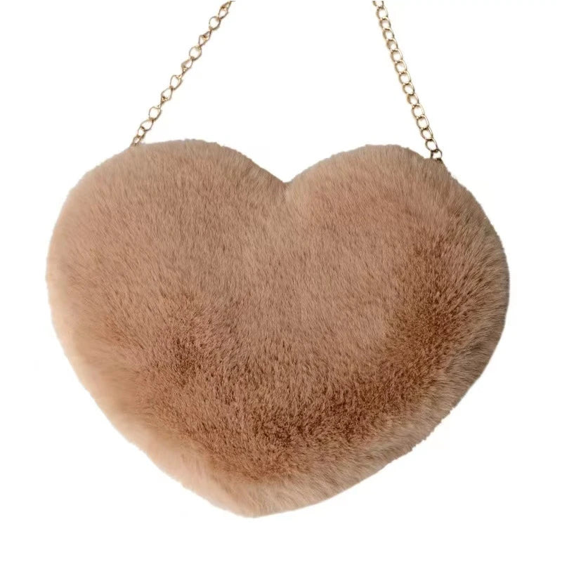 Love Bag New Valentine's Day Chain Plush Heart shaped Bag Female Diagonal Cross Bag Peach Heart shaped Love Small Bag Female