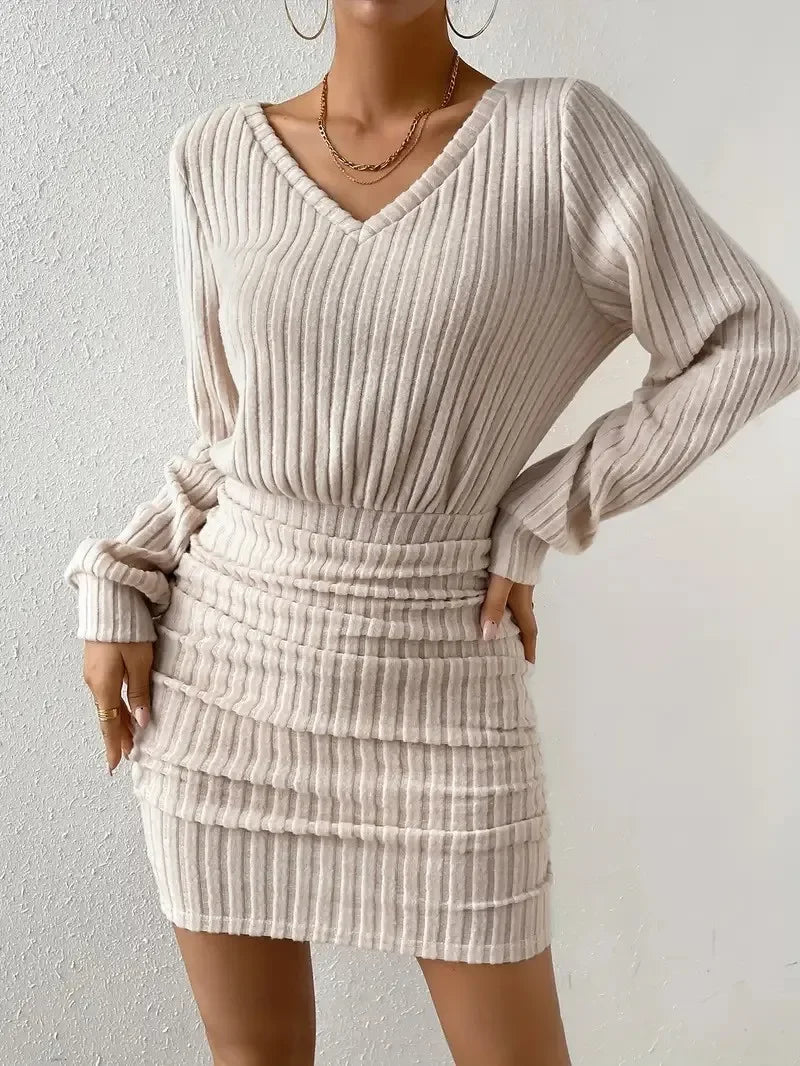 Women V Neck Ribbed Sweater Dress Y2K Long Sleeve Slim Bodycon Knitted Dresses Ladies Short Bodycon Dresses