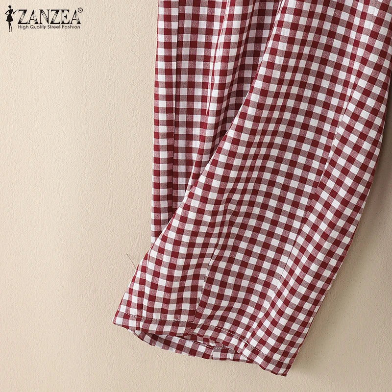 ZANZEA 2025 Plaid Pants Women Fashion Lantern Pants Casual Loose Long Trouser Summer Pockets Elastic Waist Bottoms Oversized