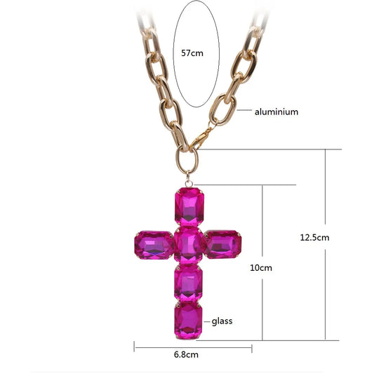 ファッショナブルで誇張された大きなガラスのクロスネックレスペンダント、豪華なクリスマスギフトジュエリー