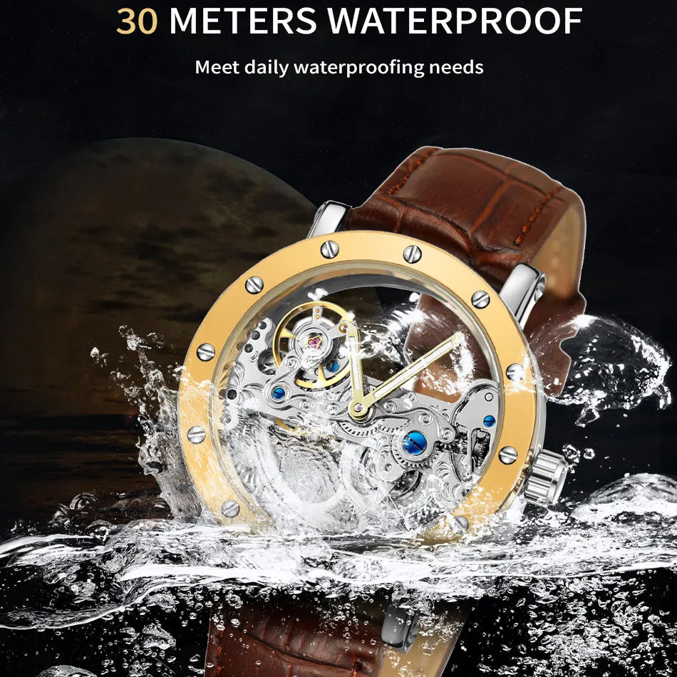 2024 Top Brand Luxury Steel Skeleton Tourbillon Automatic Watch Men Leather Mechanical Waterproof Luminous Elegant Wrist Clock