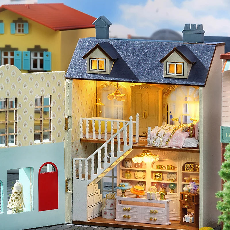Diy Mini Wooden Dollhouse With Furniture Light Doll House Casa Assembly Model Pink Princess Villa Architecture Kit Toys Birthday