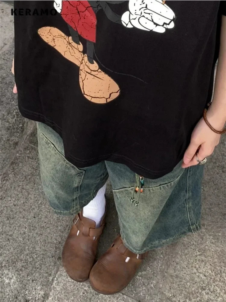 Y2K Harajuku High Street Calf-Length Pants High Waist Street Style Baggy Jean For Women Casual Loose Fit Blue Denim Shorts