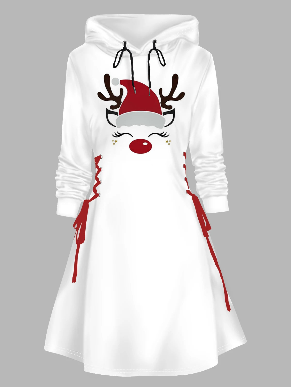 2024 Women's Christmas Hoodie Dresses Hat Elk Face Pattern Lace Up Hooded Dress Long Sleeve A Line Mini Dress