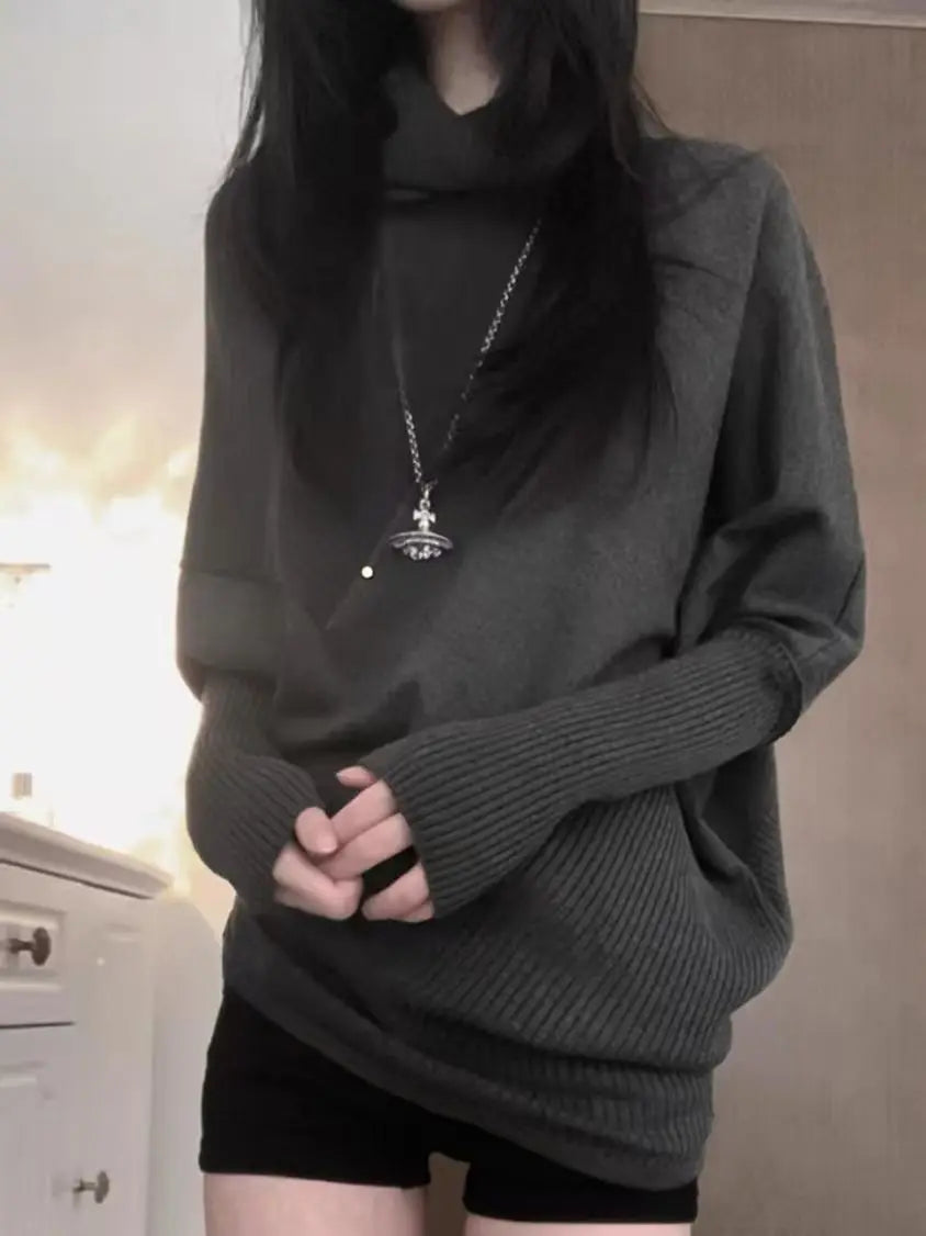 秋冬 レイジースタイル ニットシャツ トップス サブカルチャー ルーズニットTシャツ Y2K カジュアル アメリカンセーター レディース ジャンパー ニットウェア