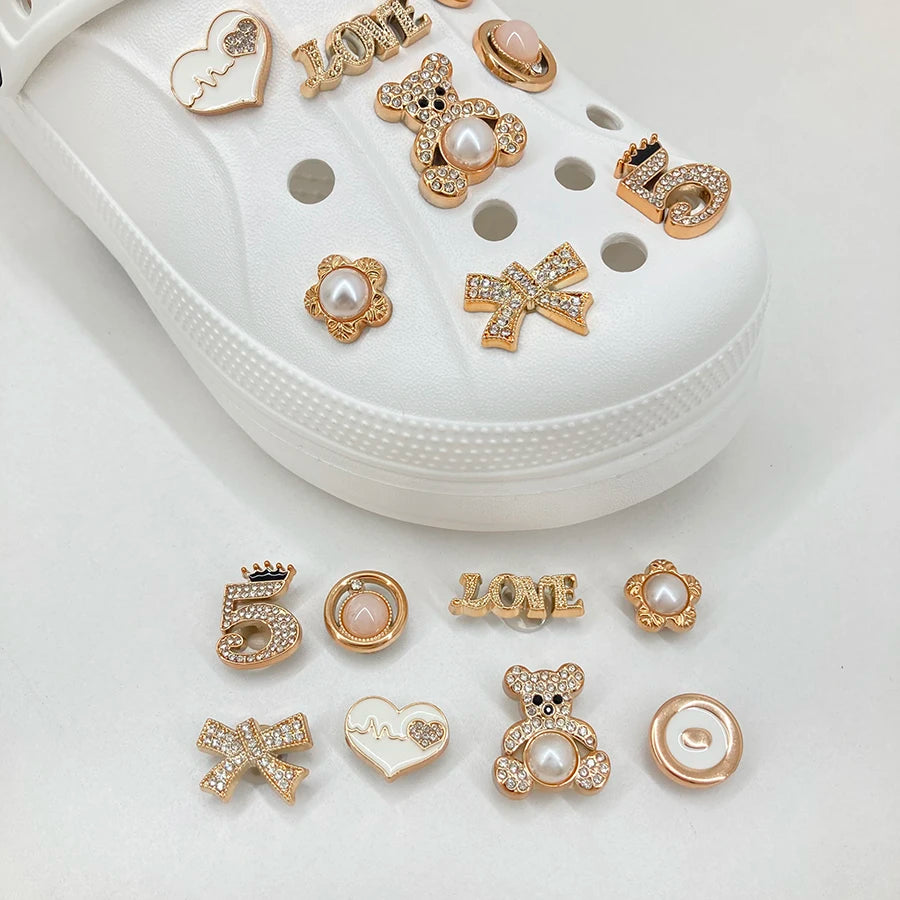 14pcs Sparkling Rhinestone Faux Pearl Shoe Charms Pins Set DIY Detachable Decorative Accessories Suitable For CROCS Clogs