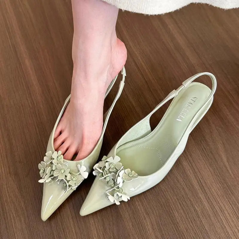 Women Sandals ,Spring Summer 2024 Spring New Pointy Flower Sandals, Fashion Mid-heel Back Empty Women's Single Shoes, Shoes