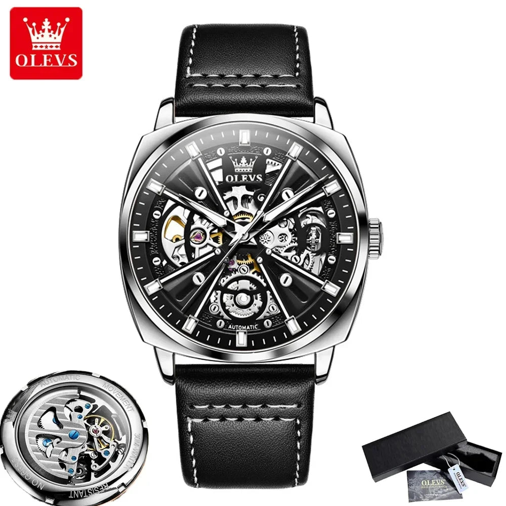 OLEVS Mens Watch Automatic Mechanical Watch Business Leather Strap Tourbillon Watch for Men Waterproof Luminous Wristwatch Clock