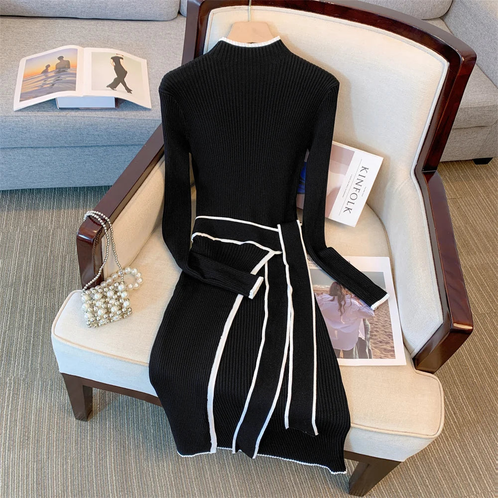 2026 New Autumn Winter Stand Collar Long Sleeve Knitted Dress Hit Color Striped Bandage Waist Bodycon Dress With Belt