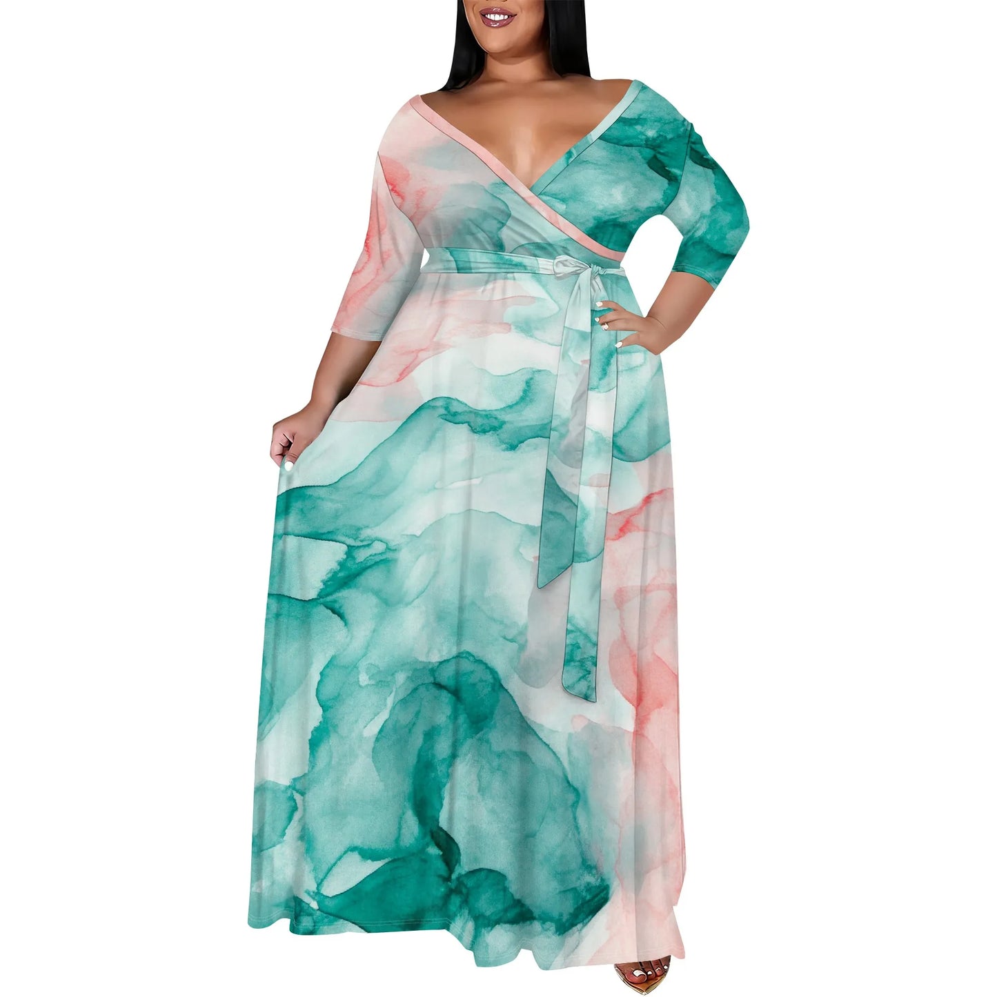 Women's Plus Size Maxi Dress Print 3/4 Sleeves V Neck Party Sundress Wedding Guest Dresses