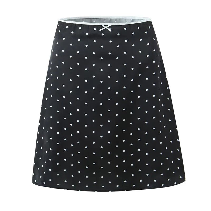 YENKYE 2025 Women Vintage Black White Polka Dot A-line Knee Length Skirt Sexy Low Waist Holiday Summer Skirts