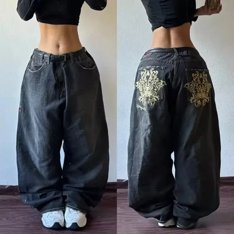 Y2K Fashion New Letters Embroidered Washed Baggy Jean Women Gothic Harajuku Vintage Hip Hop Pop Casual High Waist Wide Leg Pants