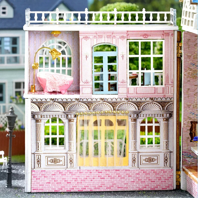 Diy Mini Wooden Dollhouse With Furniture Light Doll House Casa Assembly Model Pink Princess Villa Architecture Kit Toys Birthday
