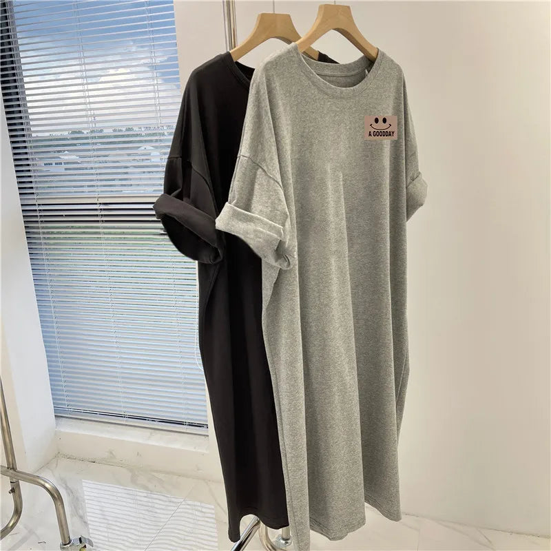 Women's New Short Sleeved Dress Korean Casual Oversized Loose Round Neck Dress