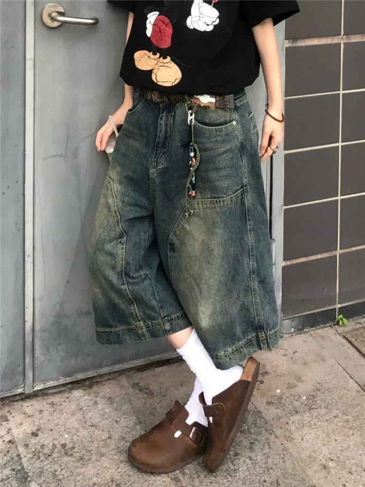Y2K Harajuku High Street Calf-Length Pants High Waist Street Style Baggy Jean For Women Casual Loose Fit Blue Denim Shorts