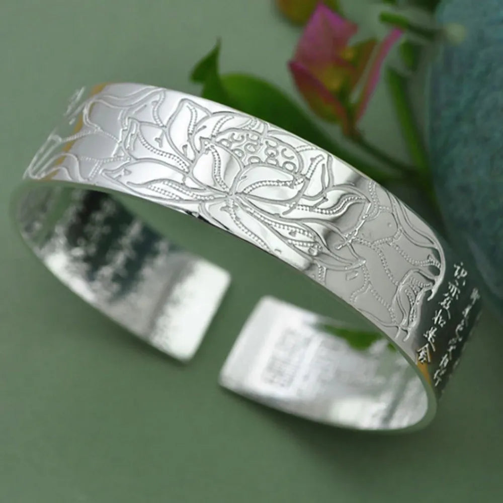 925スターリングシルバー 新作 レディース メンズ ファッションジュエリー レトロ 蓮の彫刻 仏教経典 祝福ブレスレット