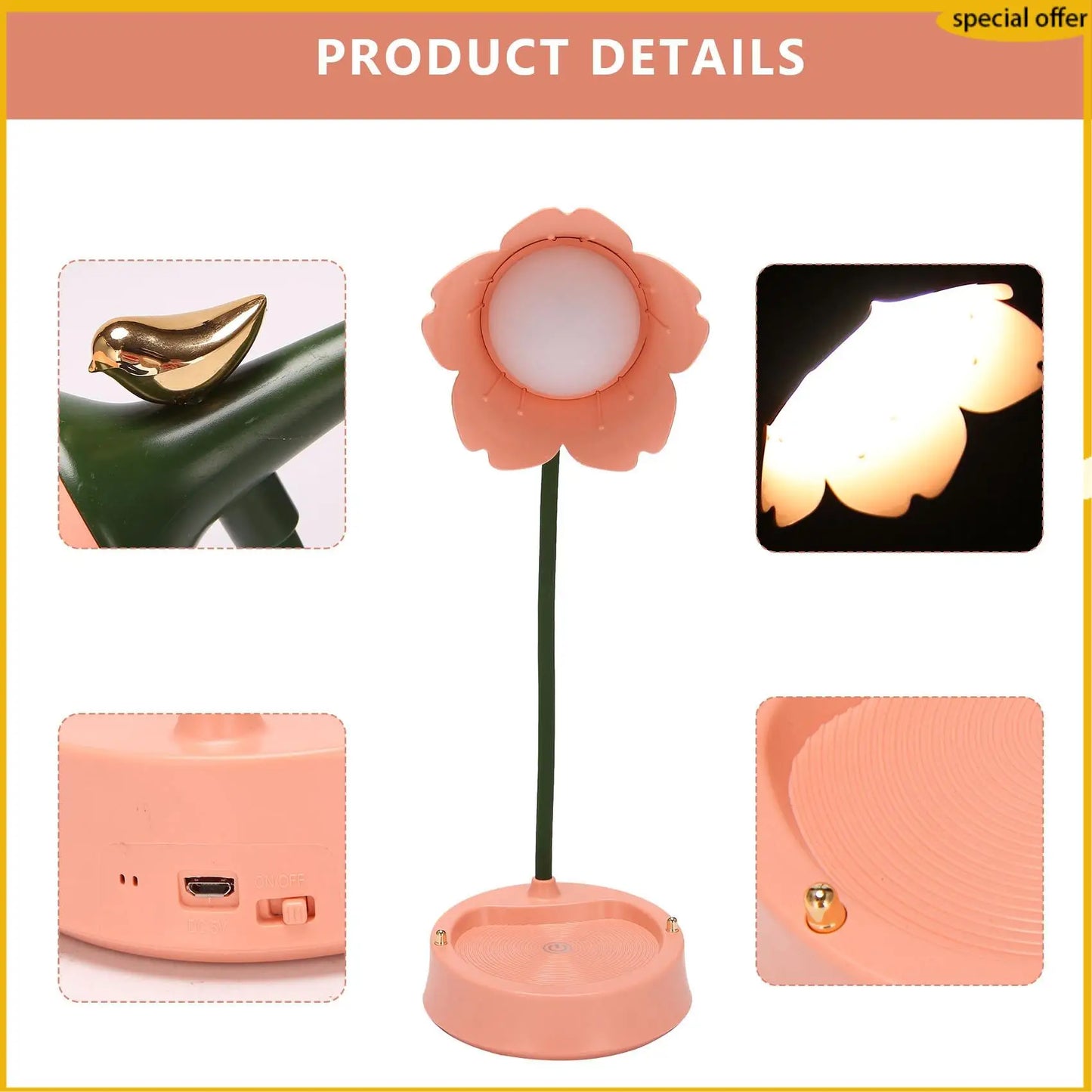 A50I Flower LED Desk Lamp Student Bedroom Lighting Contact Eye Protection USB