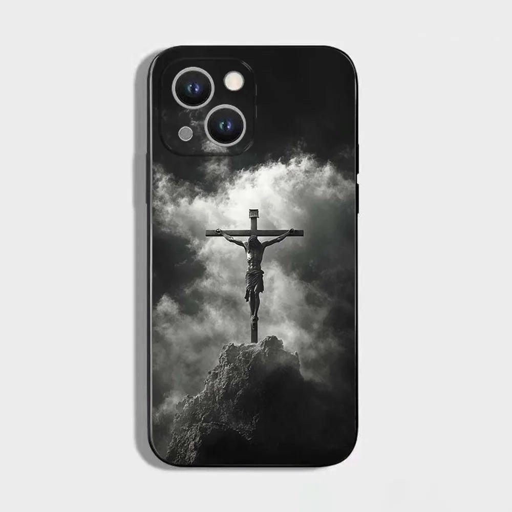 正教会の十字架アイコンの携帯電話ケース、iPhone 16、15、14、13、12、11 Plus、Pro Max、XS、X、XR、SE、Mini、8、7用、ソフトシリコンブラックカバー