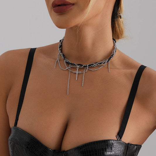 クロスペンダントネックレス レディース 軽量 高級 タッセル 鎖骨チェーン クールチョーカー 絶妙なファッションネックレス ジュエリーギフト