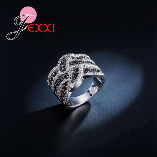 新着 ホワイト ブラック クリスタル クロスリング ファッション ワイドループ ジュエリー 925 シルバー 女性 女の子 ホリデーギフト