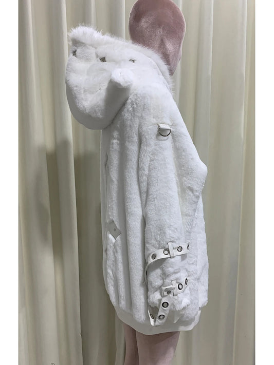 マウロイカルディ 秋冬 オーバーサイズ 暖かい ソフト ホワイト フェイクファーコート レディース フード付き 原宿系 ファッション ふわふわ ジャケット ストリートウェア 2025