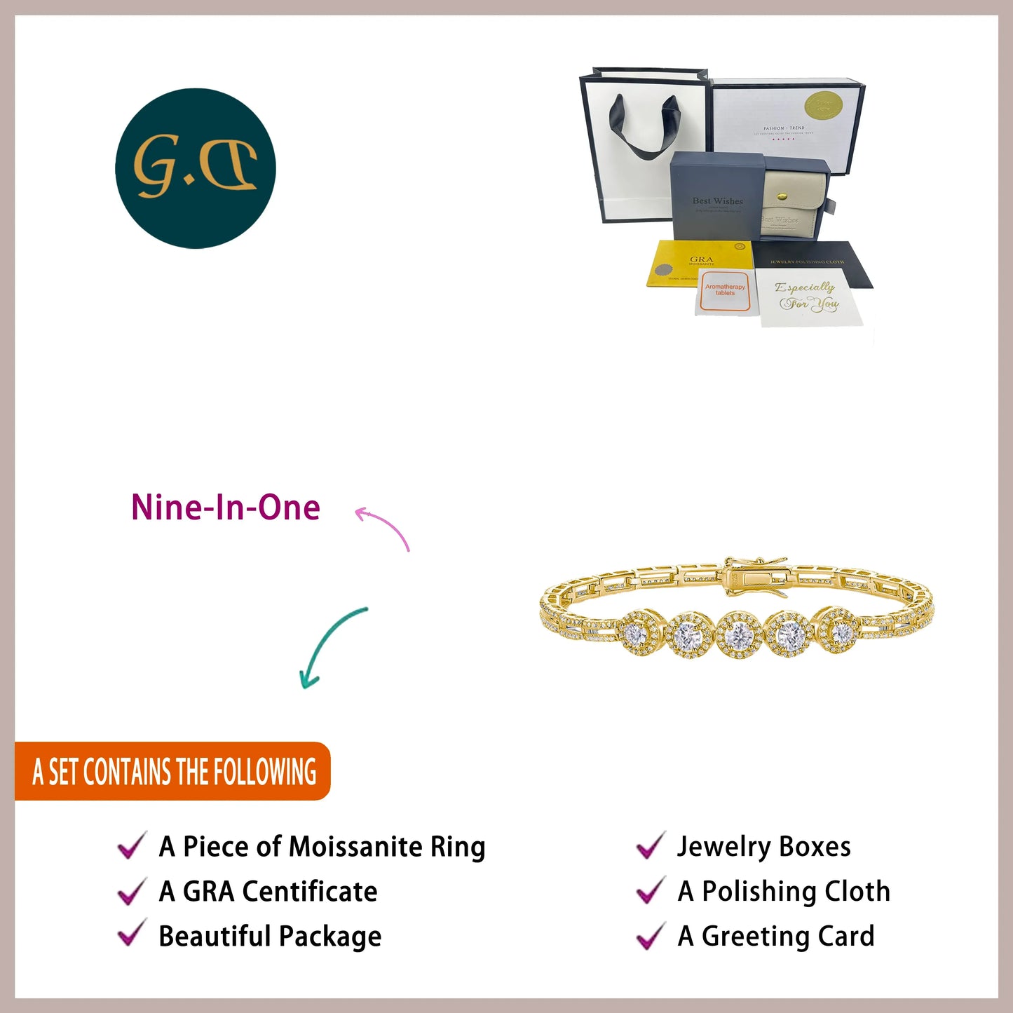 16.4CTW Lab Grown Diamond Bracelet 18K Gold Plated Five Stone Round Design Hypoallergenic Comes with GRA Certificate