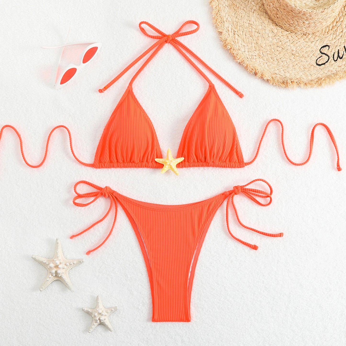 Yiiciovy New Women Push Up Swimwear 2 Piece Bikini Set Starfish Sexy Halter Bandage Beachwear Bathing Suits for Beach Pool