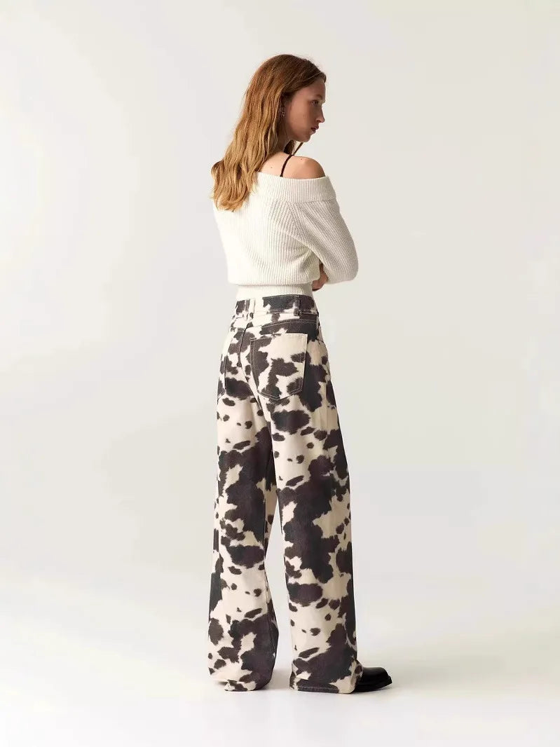 Waed American Retro Cow Pattern Loose Wide Leg Straight Casual Long Jeans Women Vintage Trendy High Waist Denim Pants