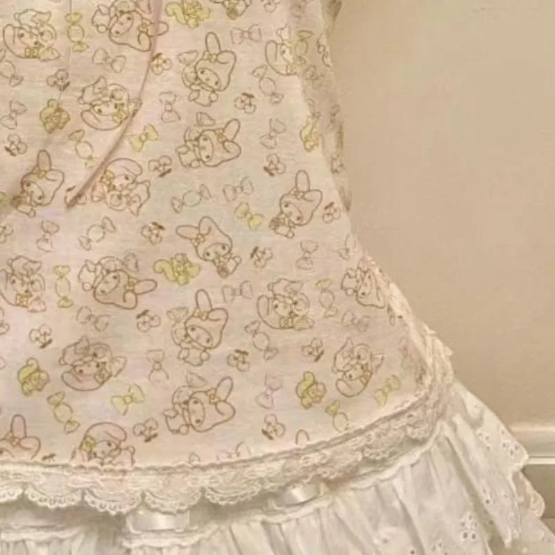 フレンチヴィンテージホットティーホルターベストサブカルチャーレースステッチタンクトップかわいいリボンデザイントップスレディースキュート漫画プリントキャミソール