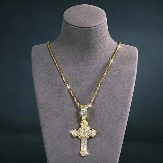 Fashion HipHop Religion Jesus Cross Pendant Necklace For Men Cuban Chain Iced Out Bling Crystal CZ Necklaces Rock Biker Jewelry
