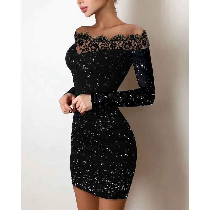 Slash Lace Sexy Spicy Elegant Black Sheer Shiny Sequins Long Sleeve Party Slim Fit Hollow Enveing Gown Summer Women Mini Dresses