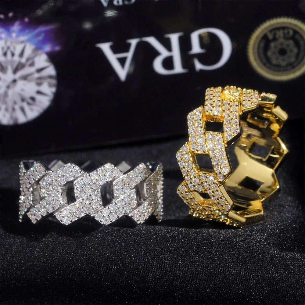 Gra Certified Full Moissanite Diamond Cuban Rings for Men Women 100% 925 Sterling Silver Hip Hop Double Row Eternity Band Ring