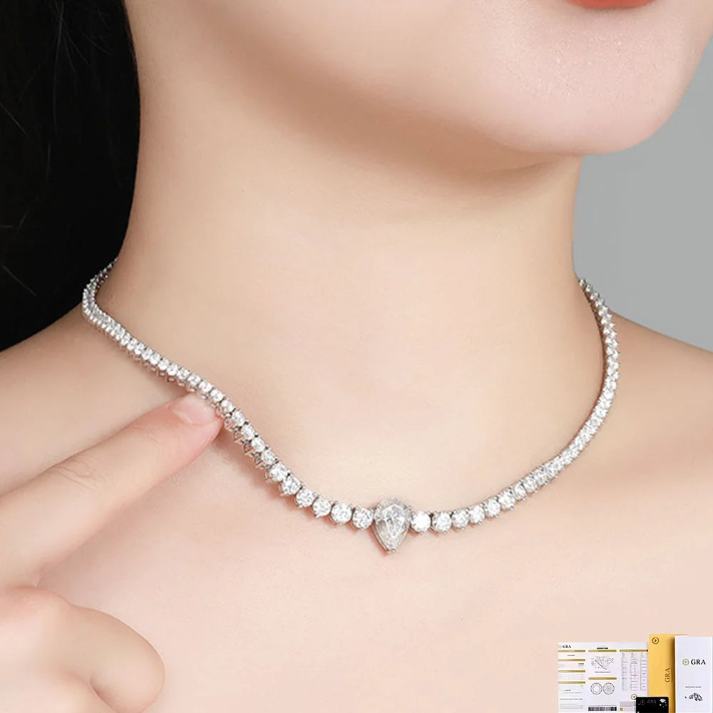 OEVAS 3-4.5mm Full Moissanite Tennis Necklace S925 Silver Lab Diamond Waterdrop Pendant For Women Party Fine Jewelry